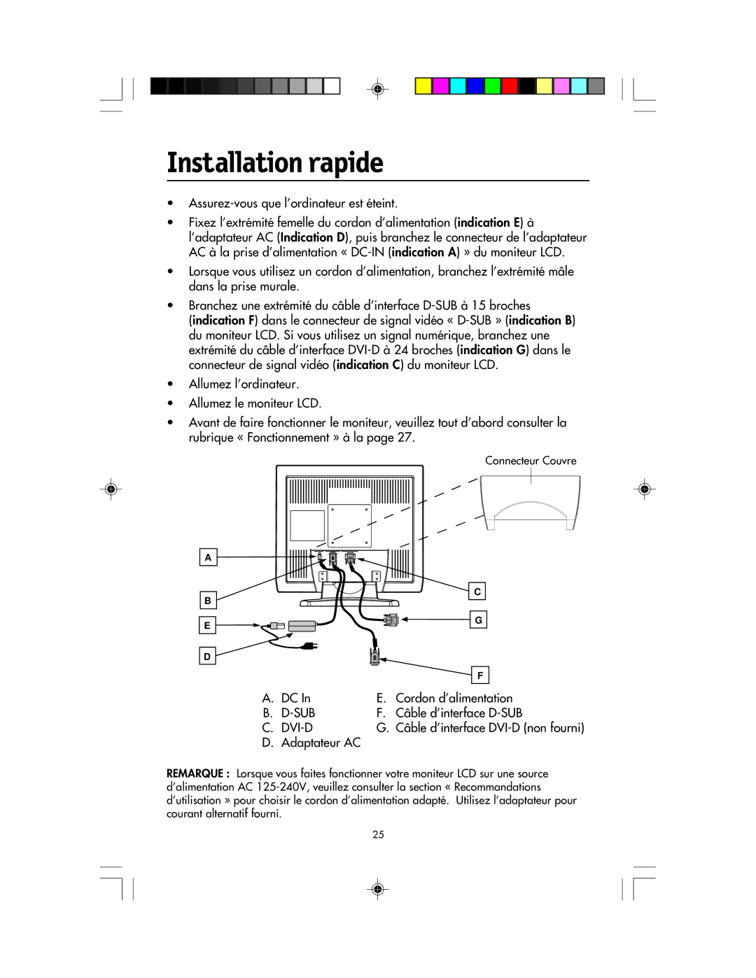 NEC LCD1920NX manual Installation rapide, Câble d’interface D-SUB, Câble d’interface DVI-D non fourni 