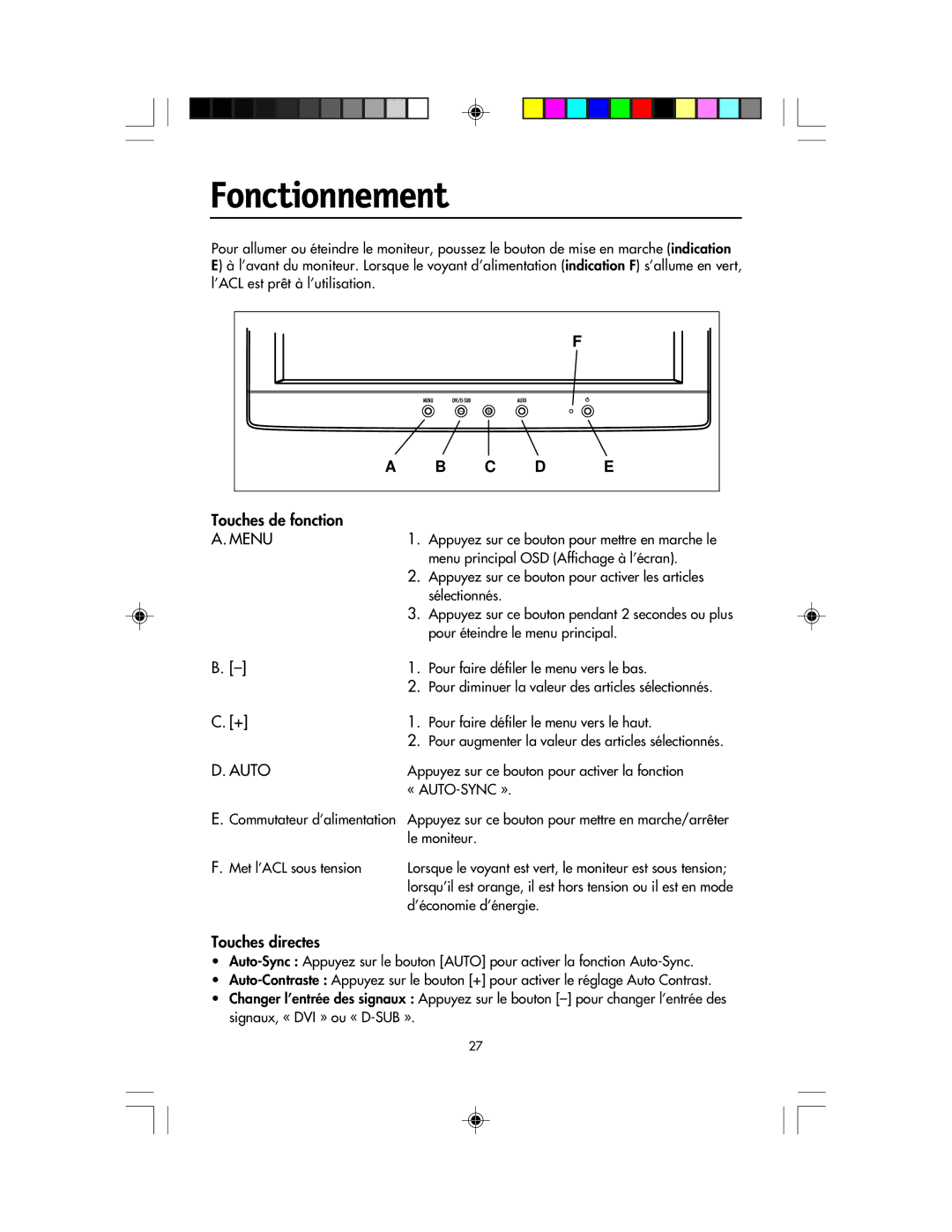 NEC LCD1920NX manual Fonctionnement, Touches de fonction, Touches directes 