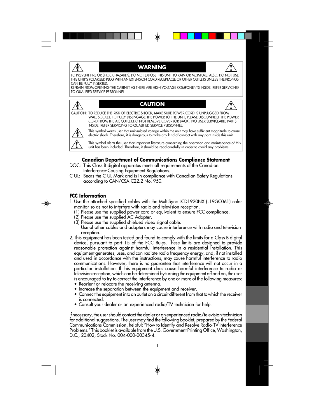 NEC LCD1920NX manual Canadian Department of Communications Compliance Statement, FCC Information 