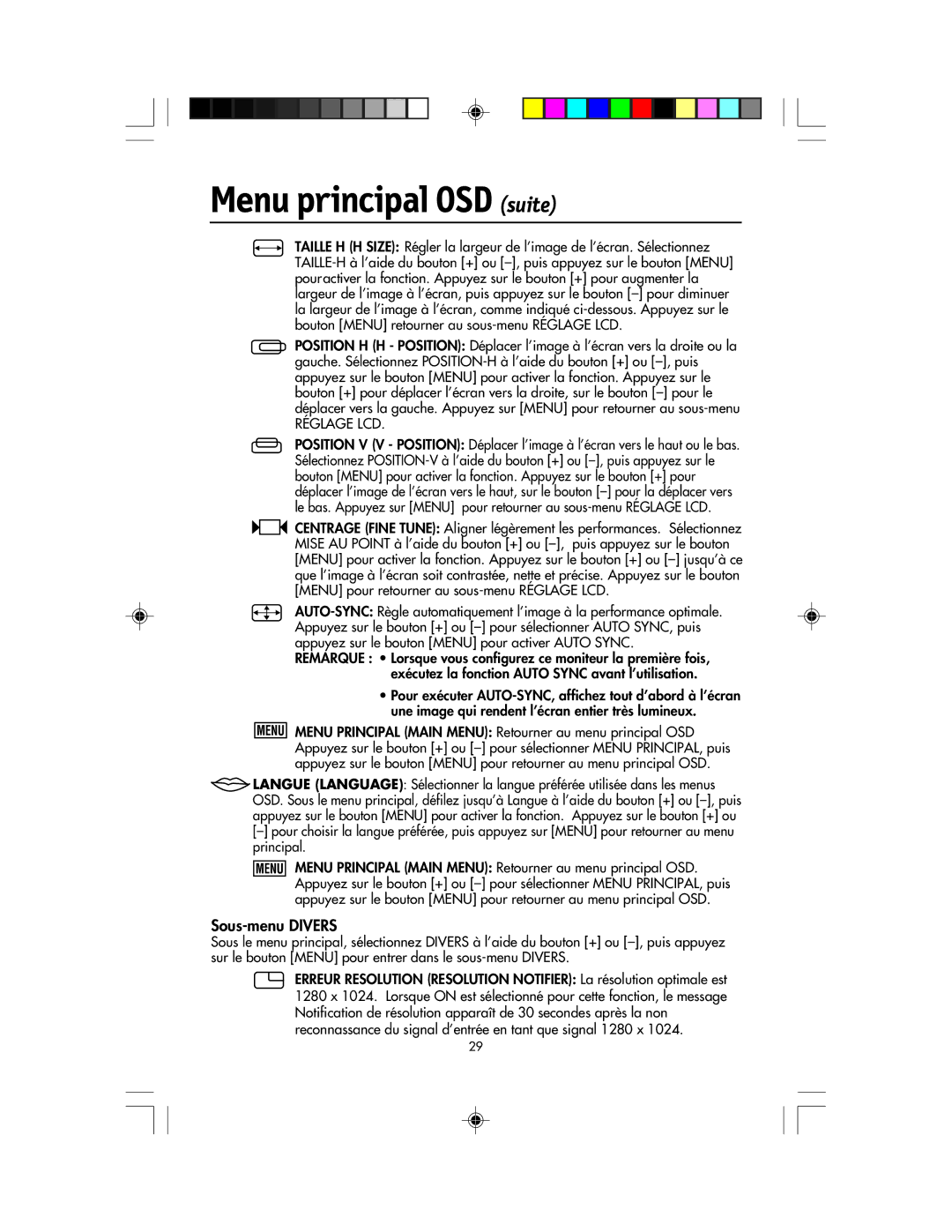 NEC LCD1920NX manual Menu principal OSD suite, Sous-menu Divers 