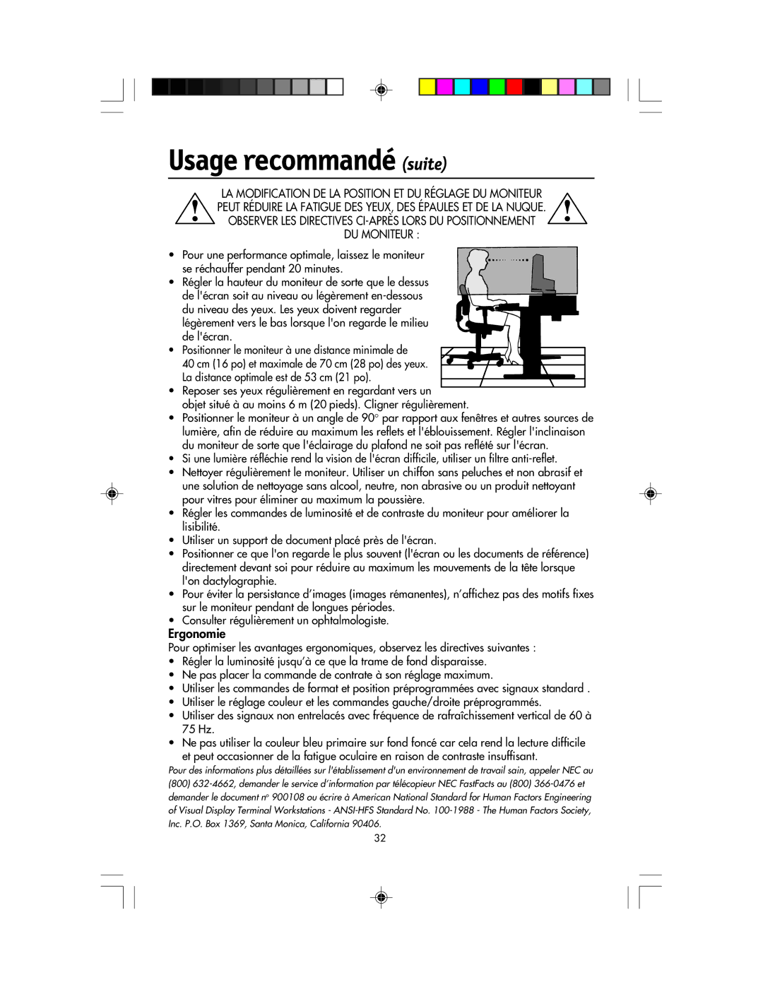 NEC LCD1920NX manual Usage recommandé suite, Ergonomie 