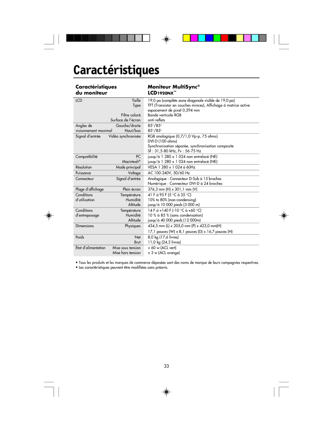 NEC LCD1920NX manual Caractéristiques Moniteur MultiSync Du moniteur 