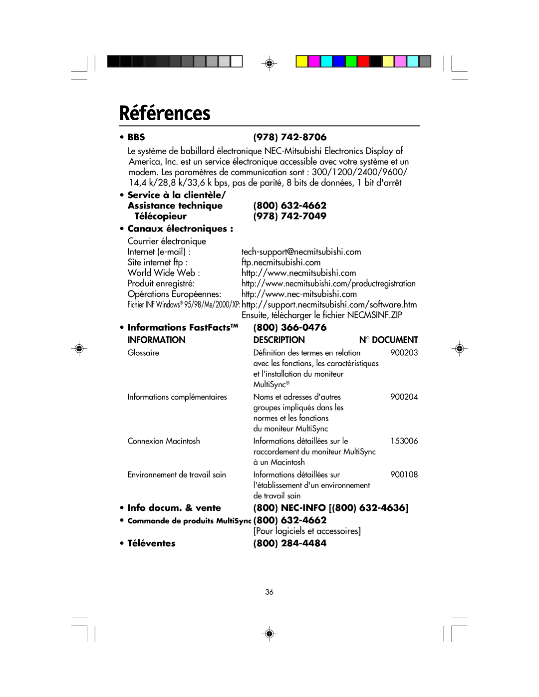 NEC LCD1920NX Références, Informations FastFactsTM 800, Info docum. & vente NEC-INFO 800, Pour logiciels et accessoires 