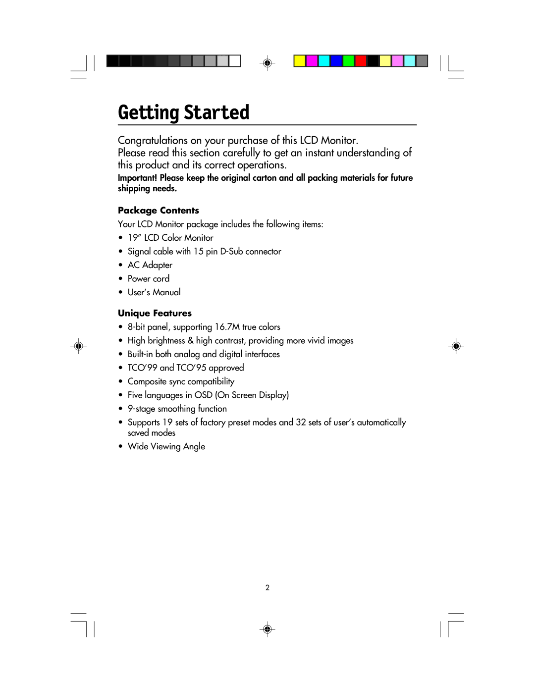 NEC LCD1920NX manual Getting Started, Package Contents, Unique Features 