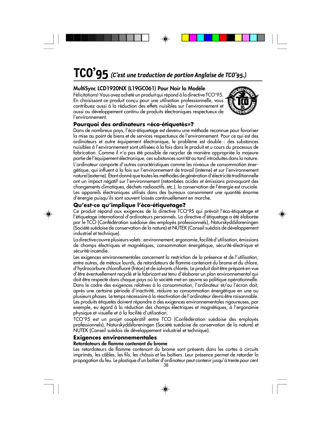 NEC manual MultiSync LCD1920NX L19GC061 Pour Noir la Modéle, Pourquoi des ordinateurs «éco-étiquetés»? 