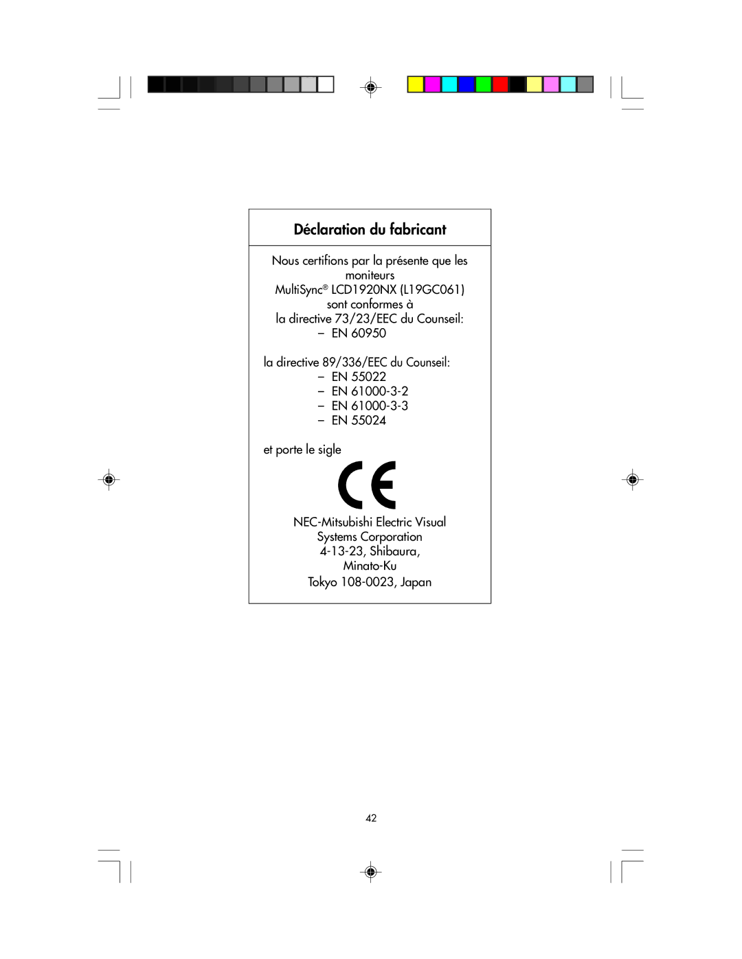 NEC LCD1920NX manual Déclaration du fabricant 