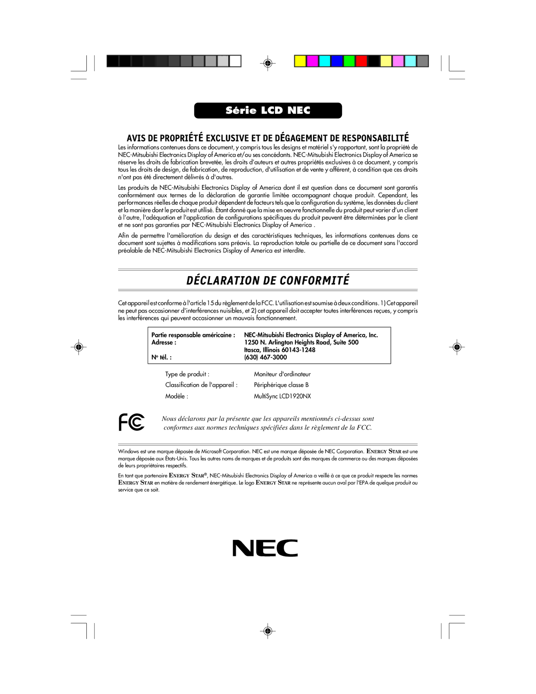 NEC LCD1920NX manual Déclaration DE Conformité 