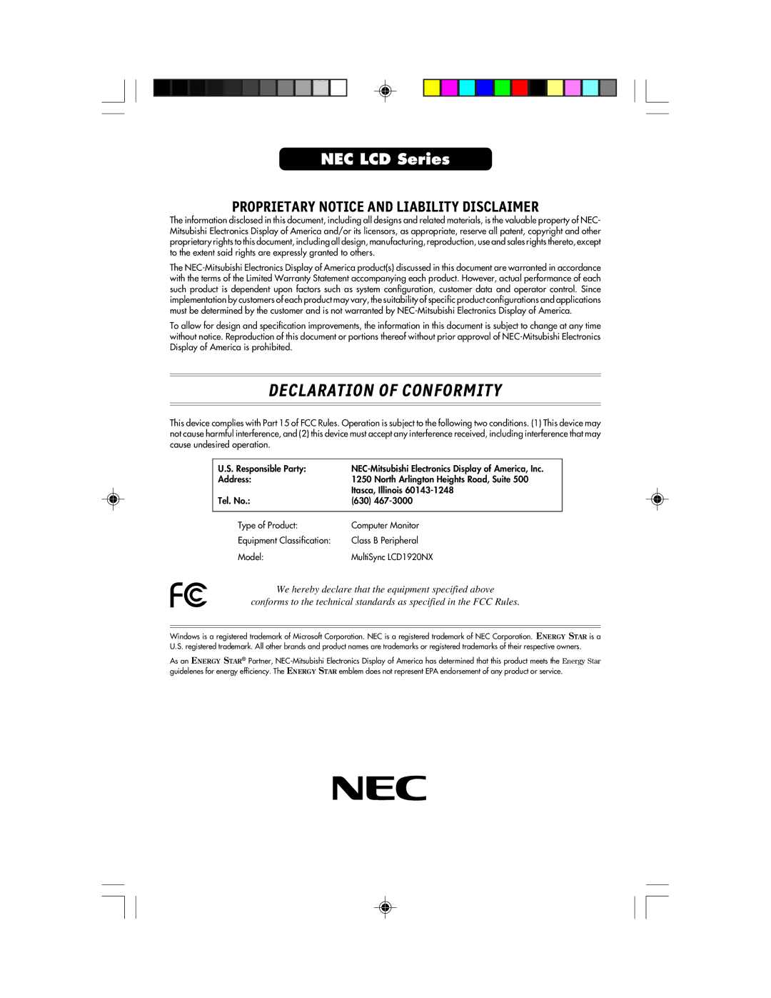 NEC LCD1920NX manual Declaration of Conformity 