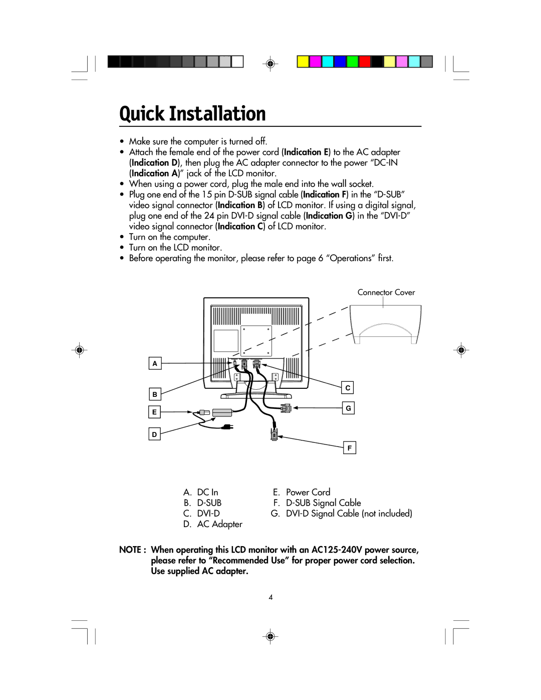 NEC LCD1920NX manual Quick Installation, SUB Signal Cable, DVI-D Signal Cable not included 