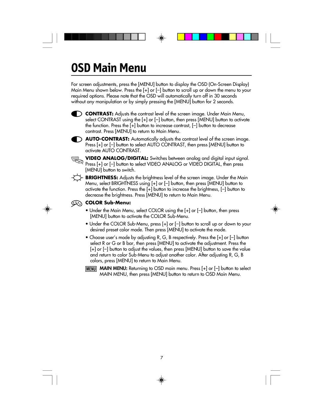 NEC LCD1920NX manual OSD Main Menu, Color Sub-Menu 