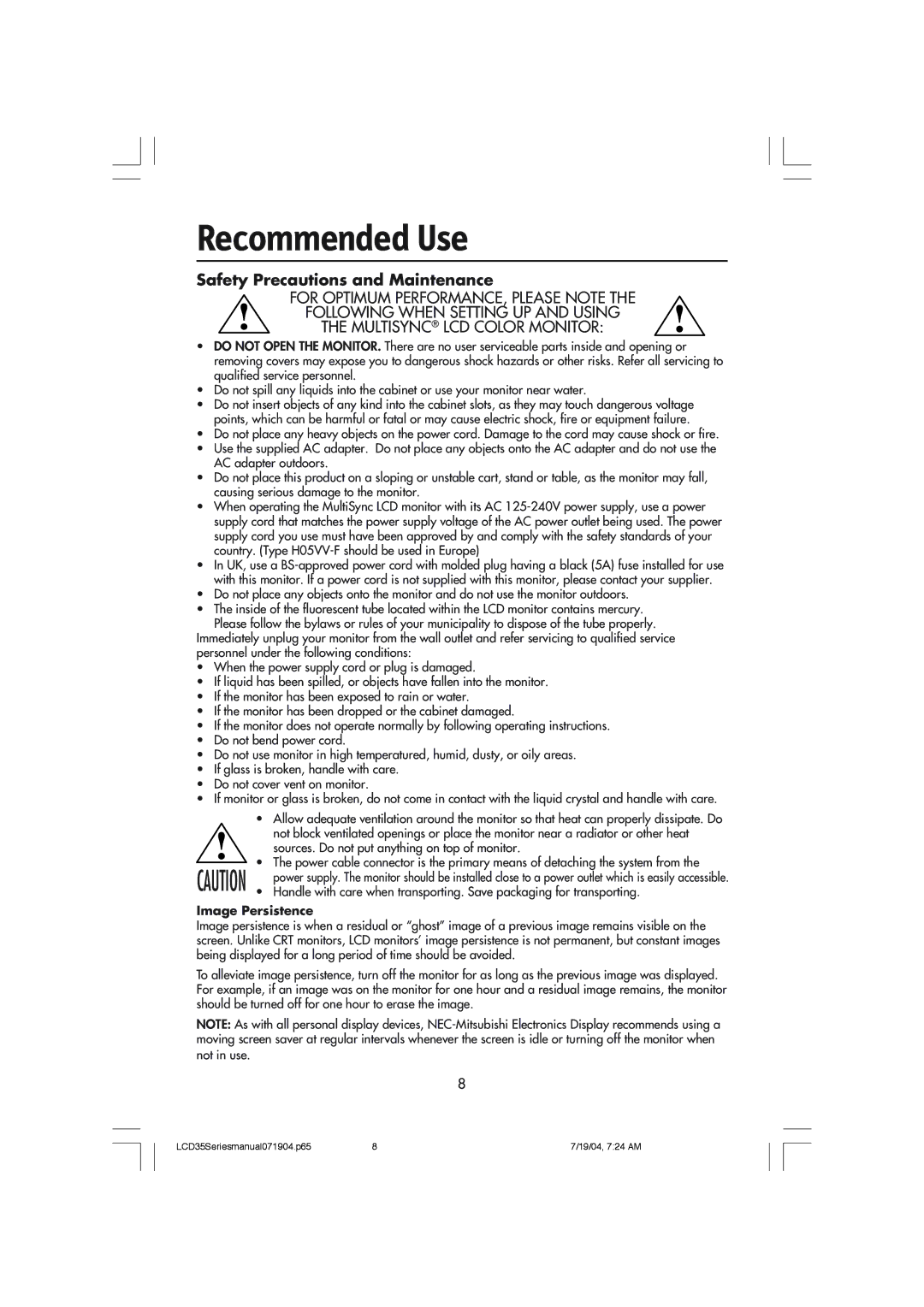 NEC LCD1935NXM, LCD1735NXM manual Recommended Use, Safety Precautions and Maintenance 