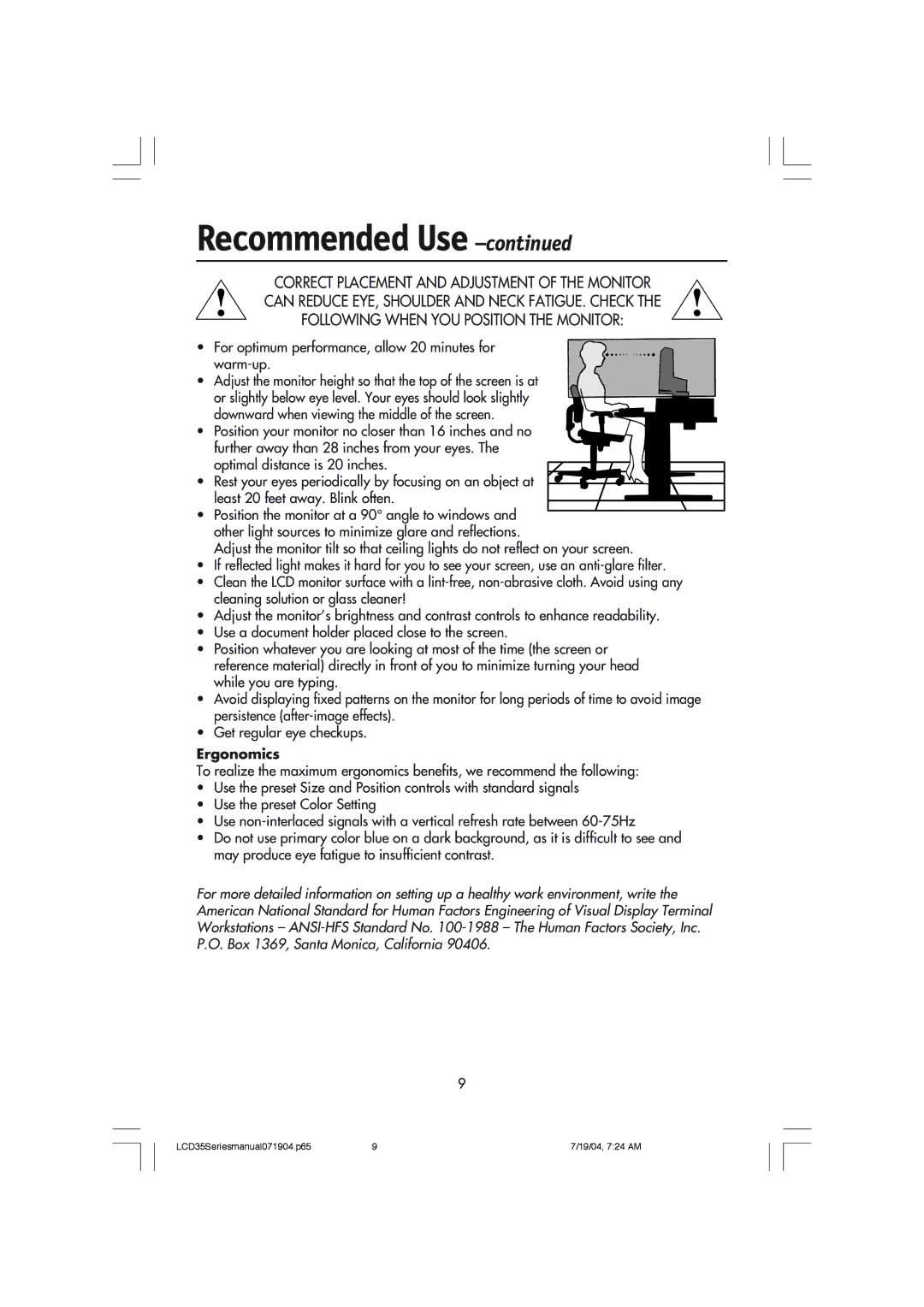 NEC LCD1735NXM, LCD1935NXM manual Ergonomics 