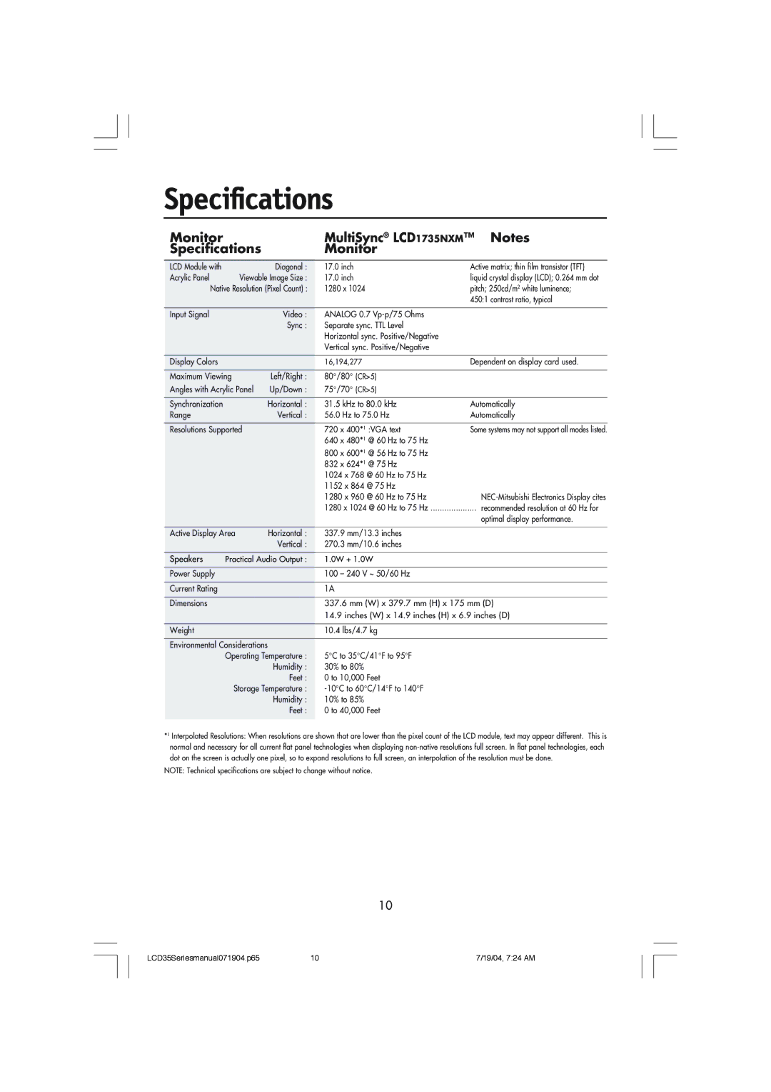 NEC LCD1935NXM, LCD1735NXM manual Monitor MultiSync LCD 1735NXM Specifications 