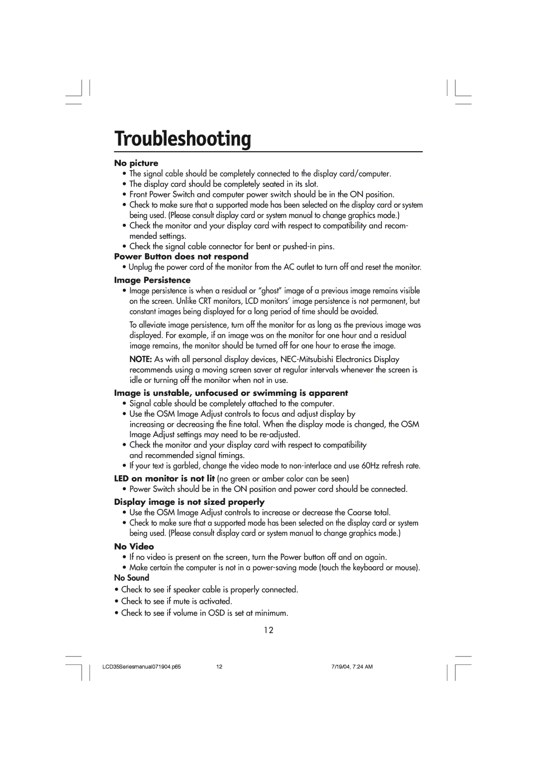 NEC LCD1935NXM, LCD1735NXM manual Troubleshooting, No picture 