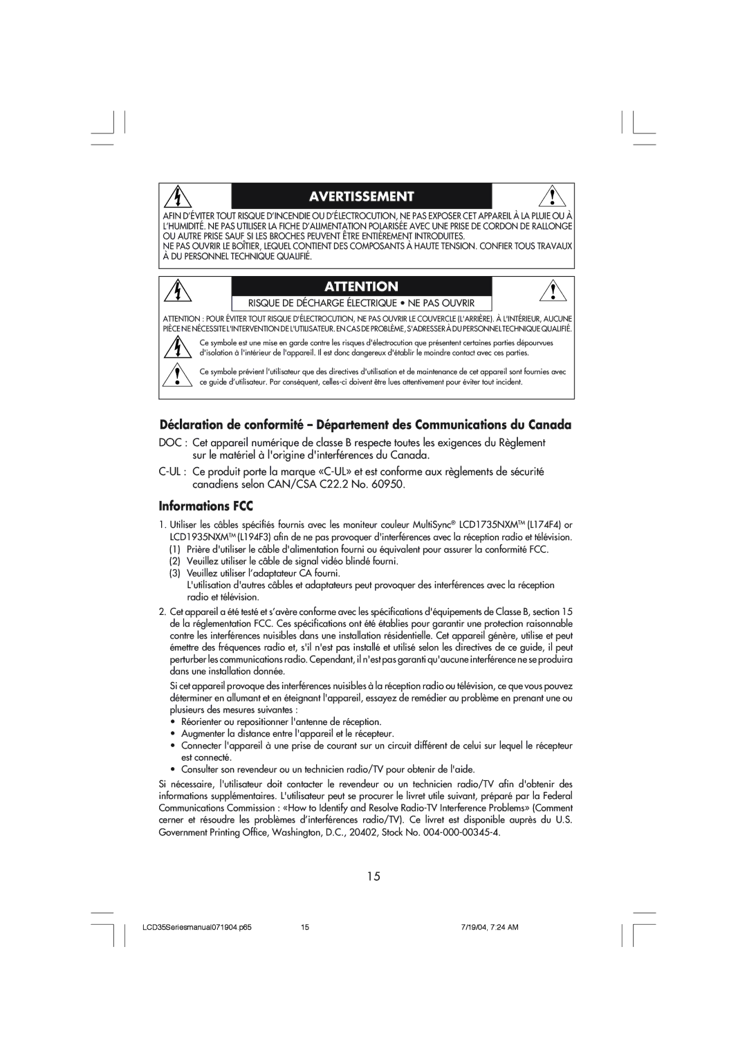 NEC LCD1735NXM, LCD1935NXM manual Avertissement, Informations FCC 