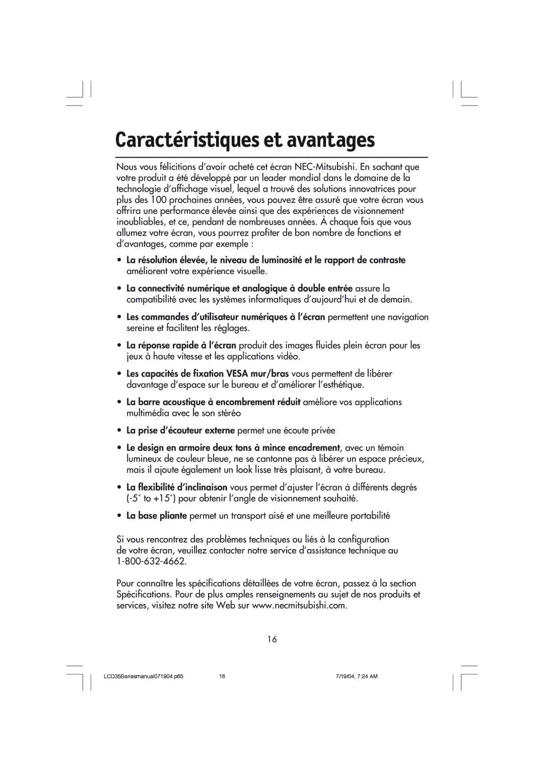 NEC LCD1935NXM, LCD1735NXM manual Caractéristiques et avantages 