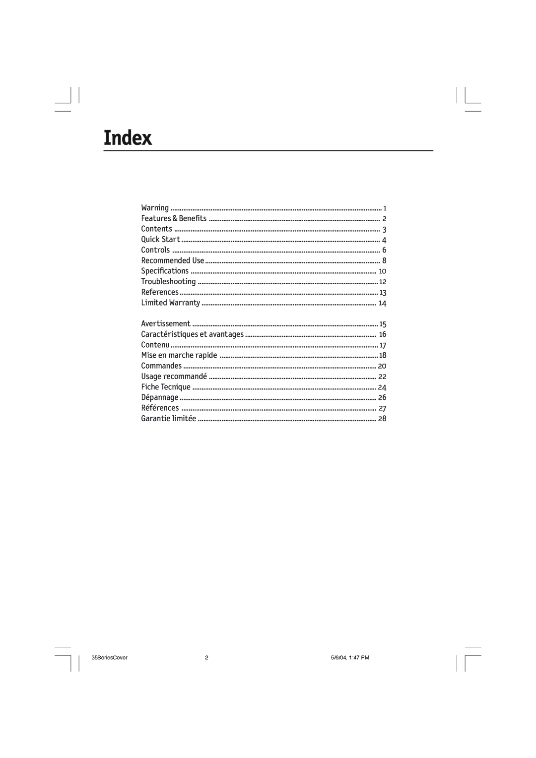 NEC LCD1935NXM, LCD1735NXM manual Index, Caractéristiques et avantages 