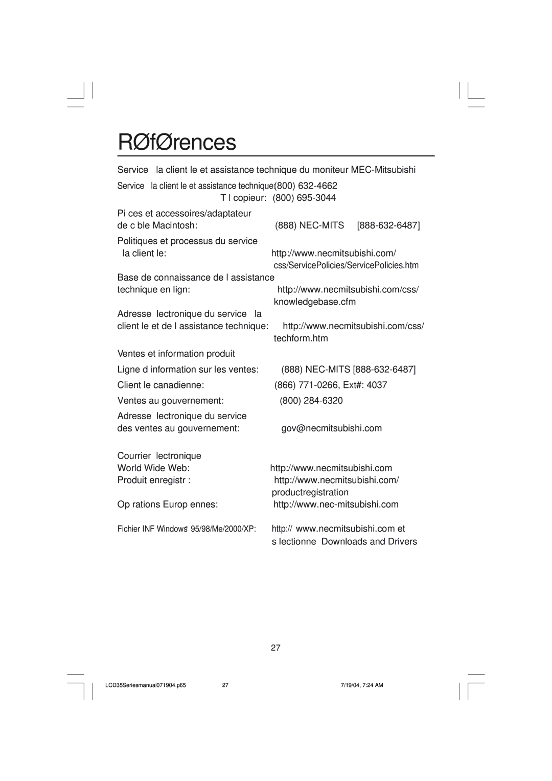 NEC LCD1735NXM, LCD1935NXM manual Références, Techform.htm, Clientle et de lÕassistance technique 