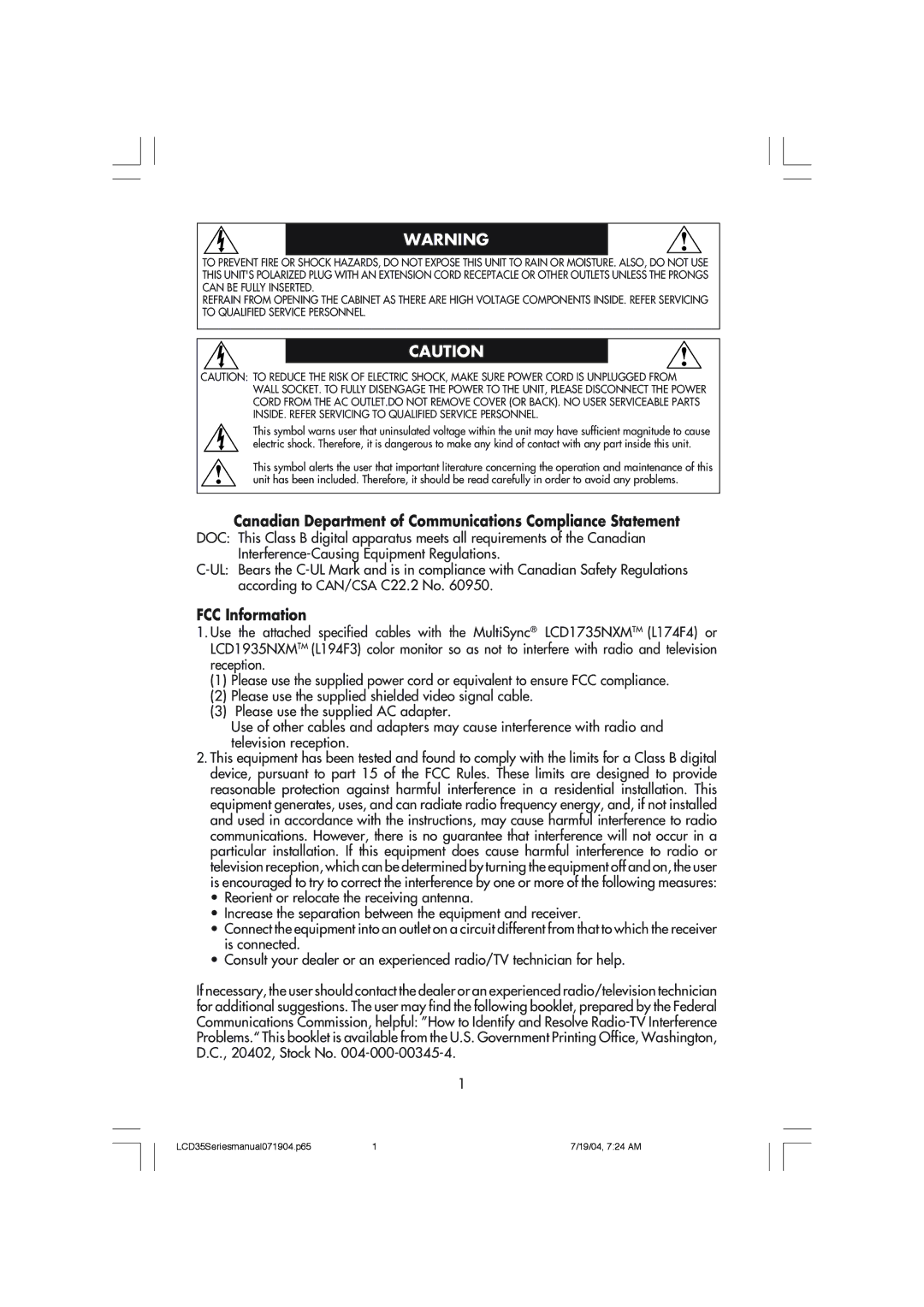 NEC LCD1735NXM, LCD1935NXM manual Canadian Department of Communications Compliance Statement, FCC Information 