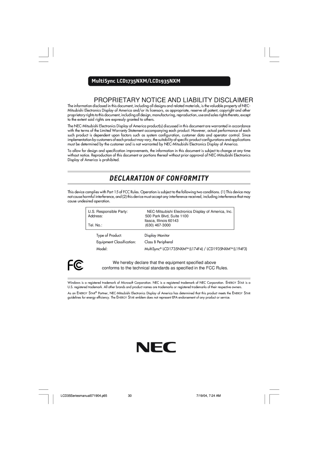 NEC LCD1935NXM, LCD1735NXM manual Declaration of Conformity 