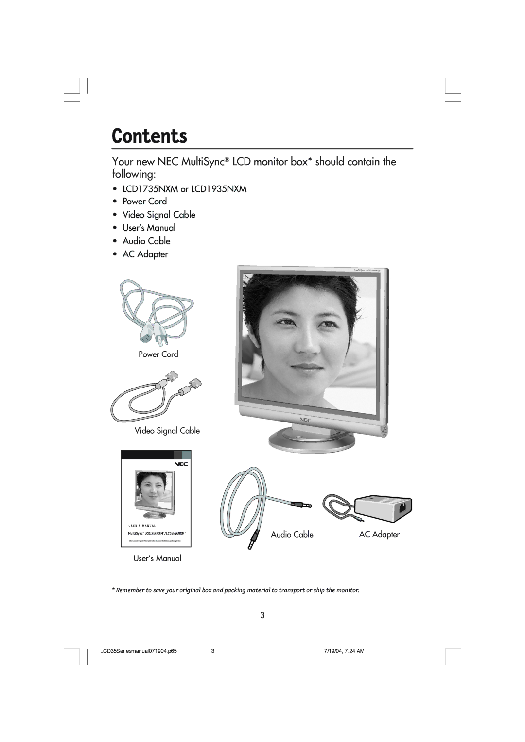 NEC LCD1735NXM, LCD1935NXM manual Contents 