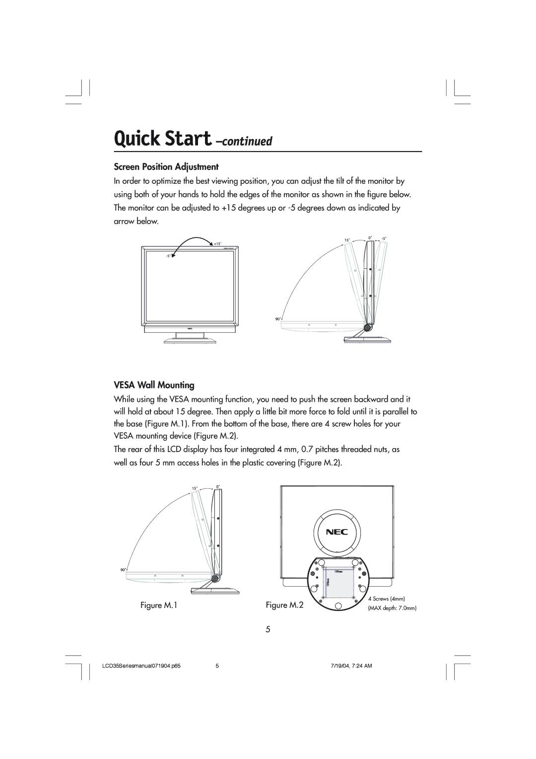 NEC LCD1735NXM, LCD1935NXM manual Screen Position Adjustment, Vesa Wall Mounting 