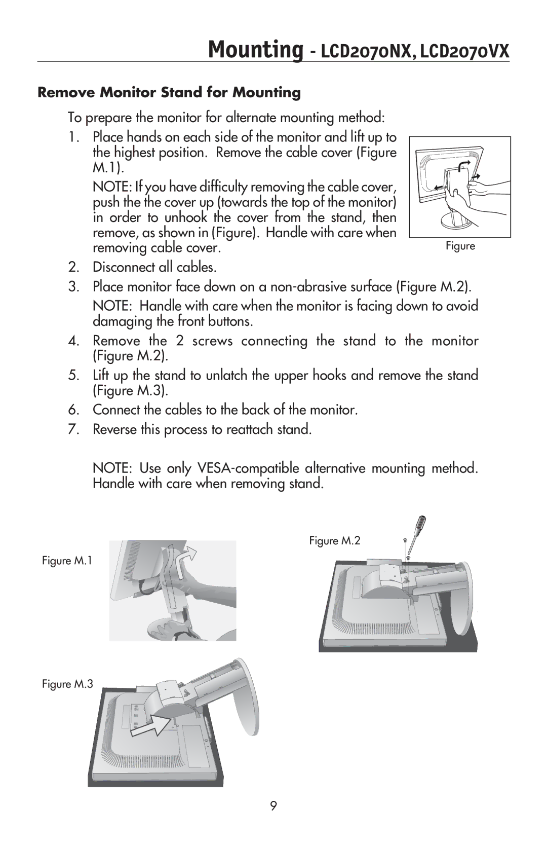 NEC LCD195NXM user manual Mounting LCD2070NX, LCD2070VX, Remove Monitor Stand for Mounting 