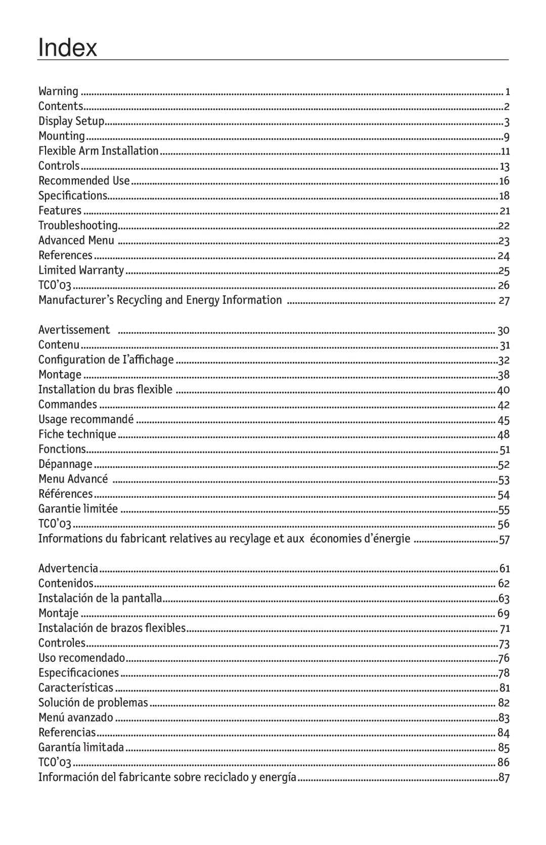 NEC LCD195NXM user manual Index, Manufacturer’s Recycling and Energy Information 