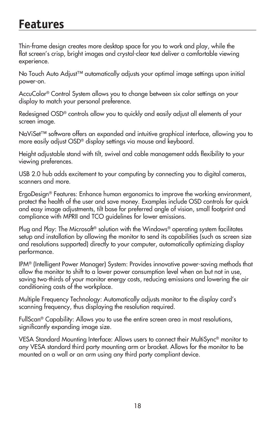 NEC LCD195NXM user manual Features 