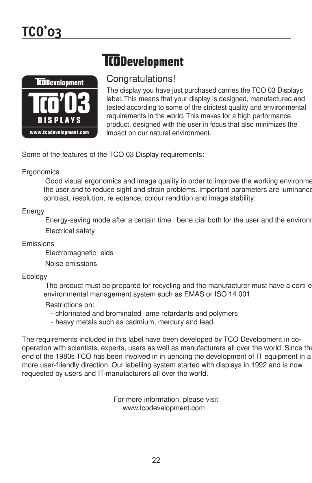 NEC LCD195NXM user manual TCO’03, Congratulations 