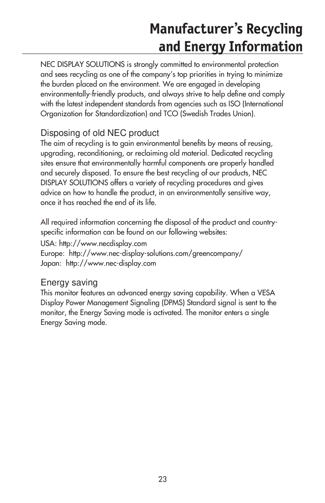 NEC LCD195NXM user manual Manufacturer’s Recycling Energy Information, Disposing of old NEC product 