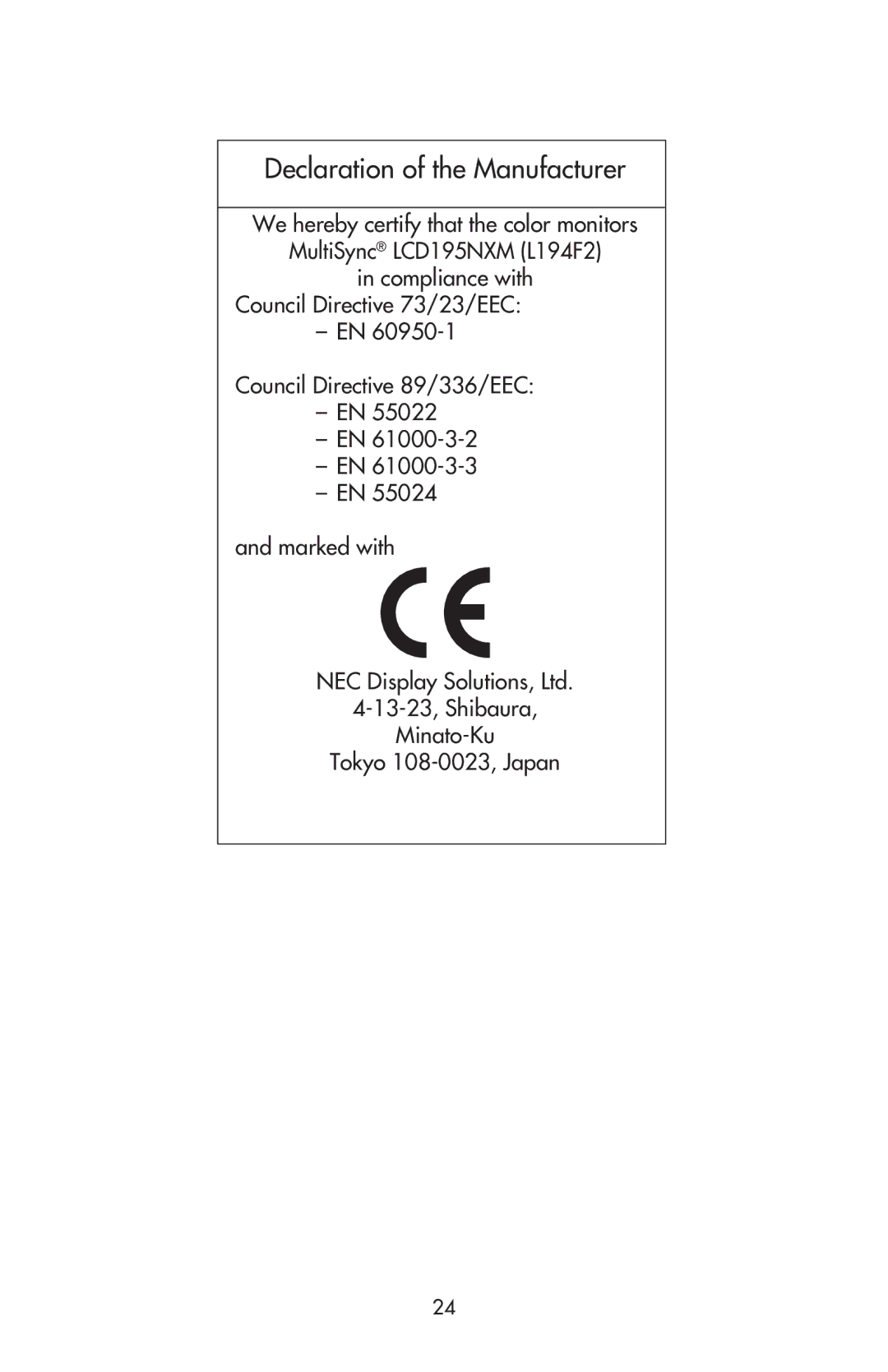 NEC LCD195NXM user manual Declaration of the Manufacturer 