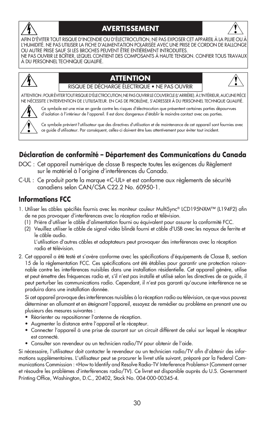 NEC LCD195NXM user manual Avertissement, Informations FCC 