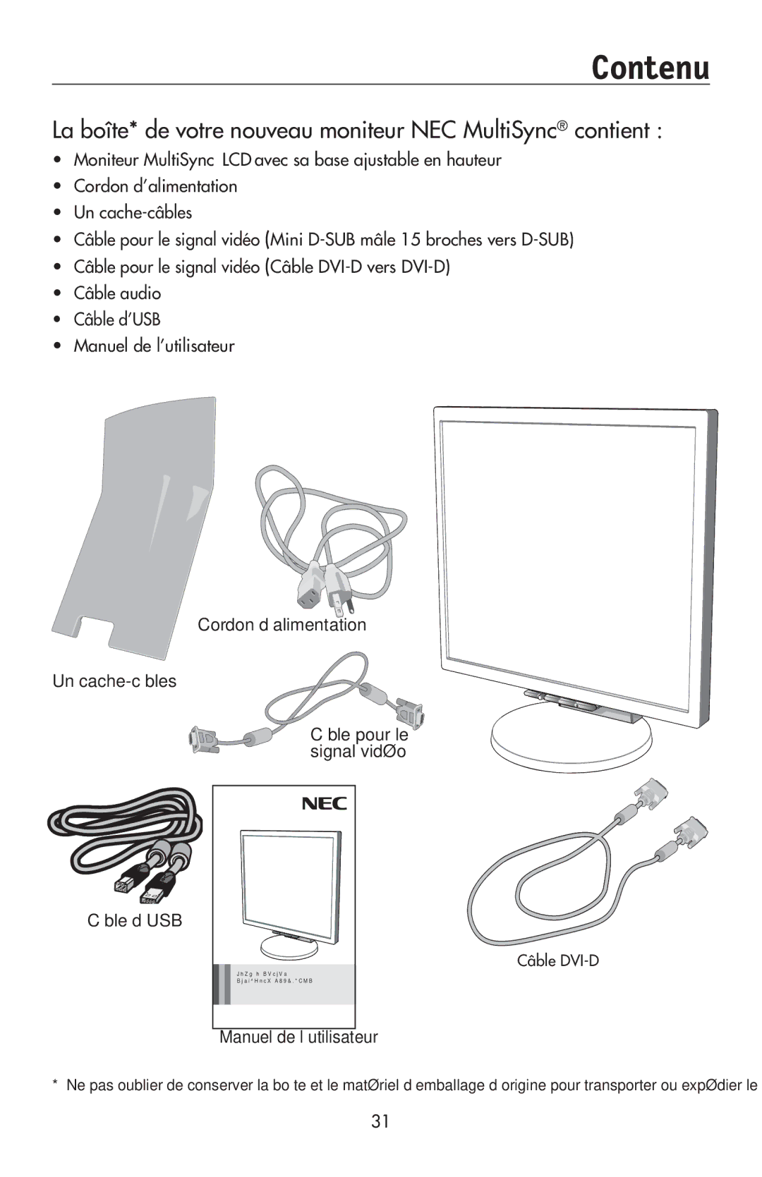 NEC LCD195NXM user manual Contenu, La boîte* de votre nouveau moniteur NEC MultiSync contient 