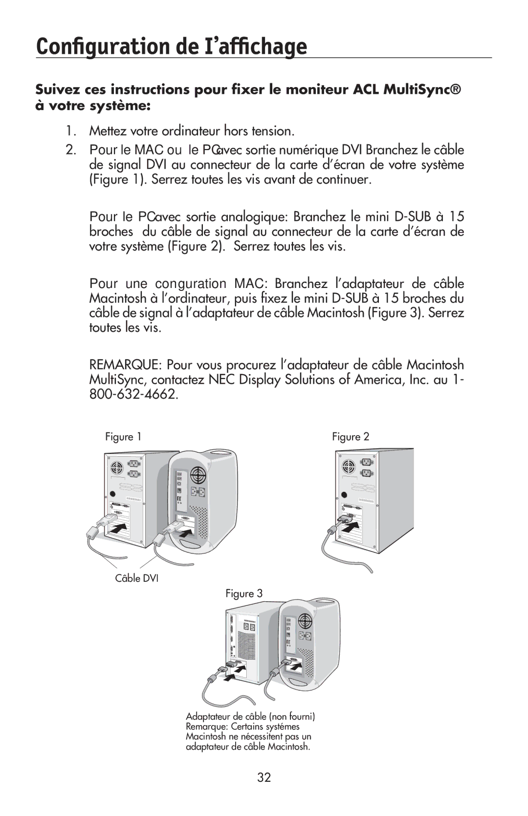 NEC LCD195NXM user manual Conﬁguration de I’afﬁchage, Câble DVI 