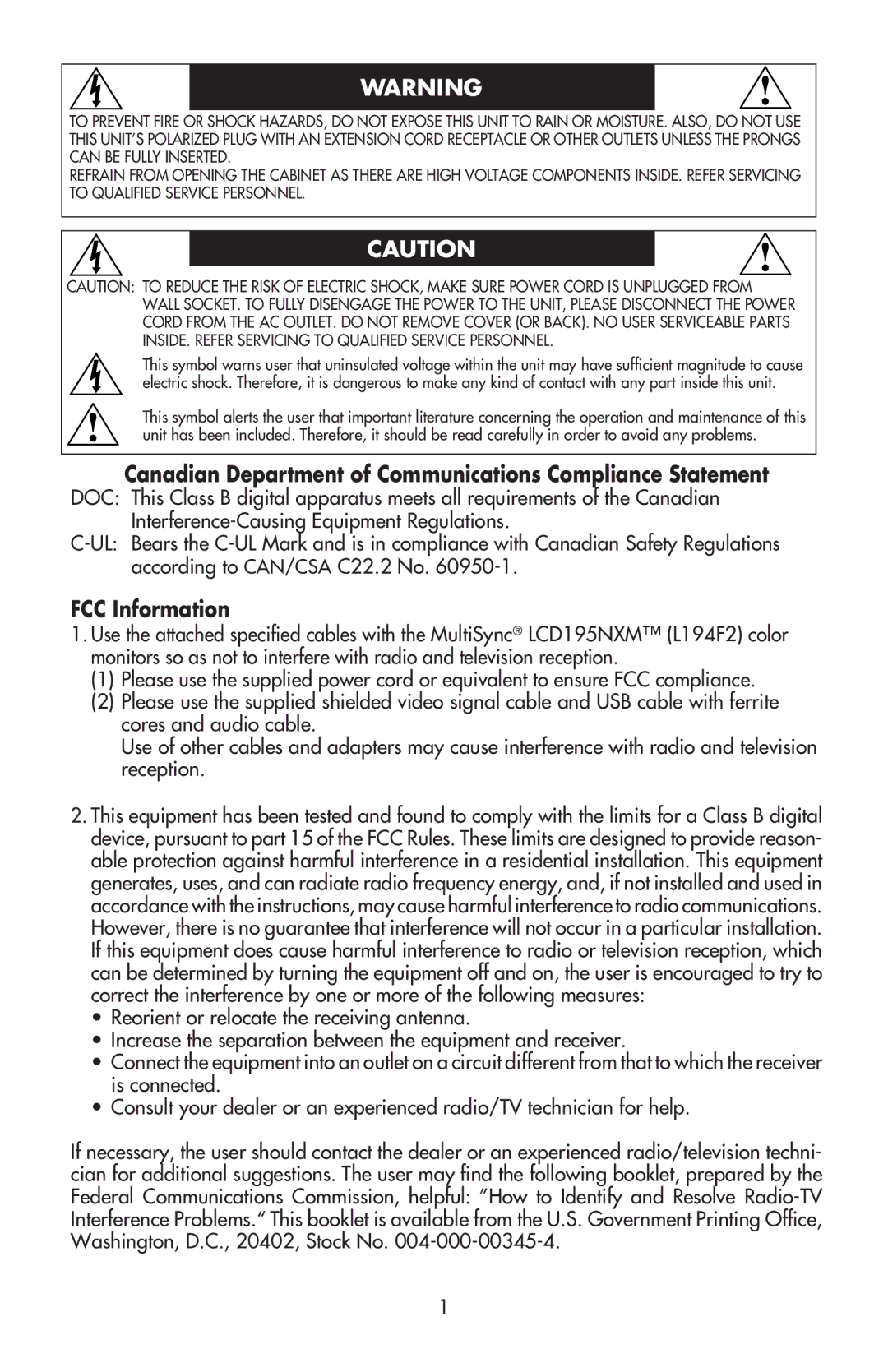 NEC LCD195NXM user manual Canadian Department of Communications Compliance Statement, FCC Information 