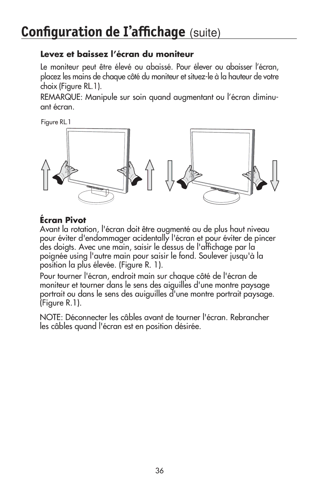 NEC LCD195NXM user manual Levez et baissez l’écran du moniteur, Écran Pivot 