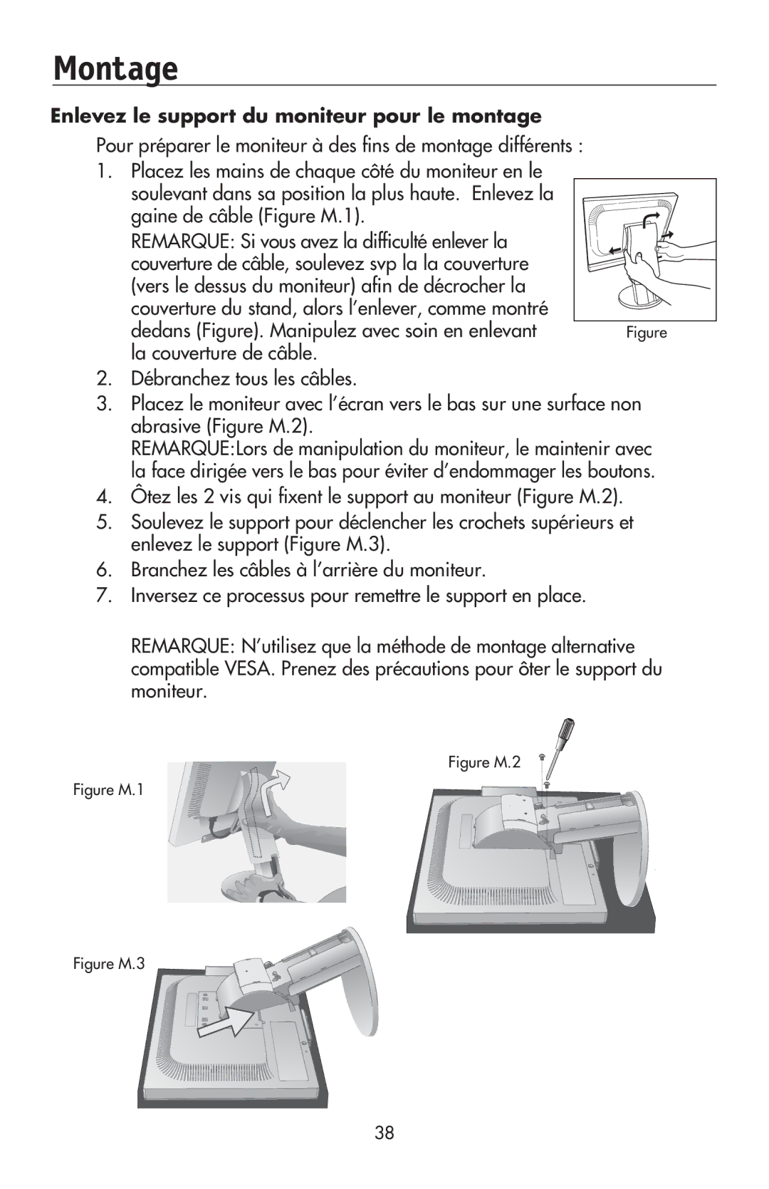 NEC LCD195NXM user manual Montage, Enlevez le support du moniteur pour le montage 