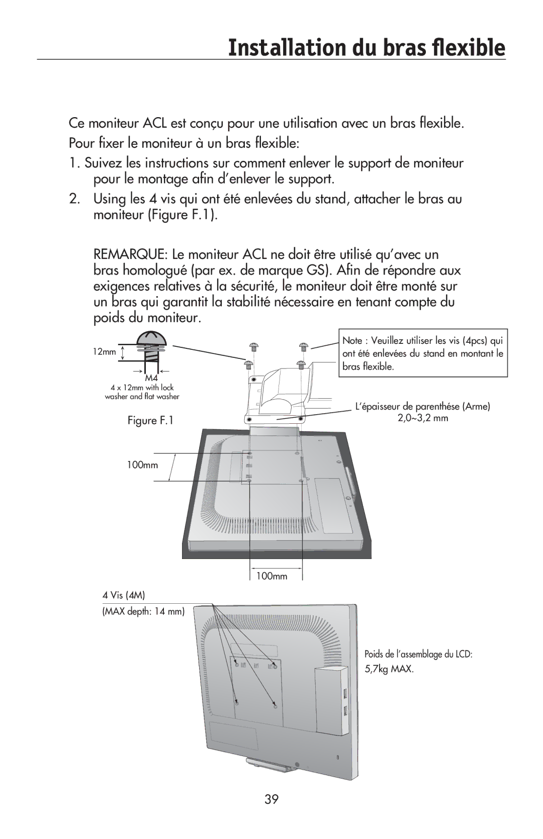 NEC LCD195NXM user manual Installation du bras ﬂexible, Figure F.1 