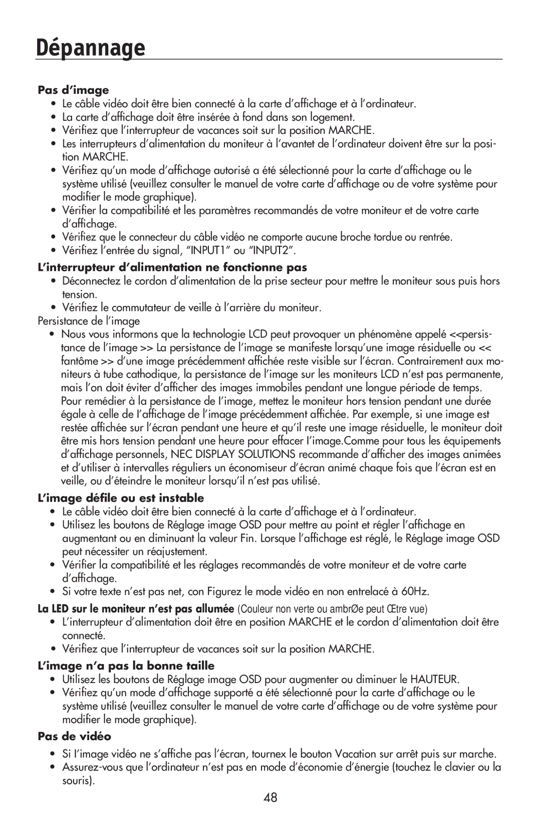 NEC LCD195NXM user manual Dépannage 