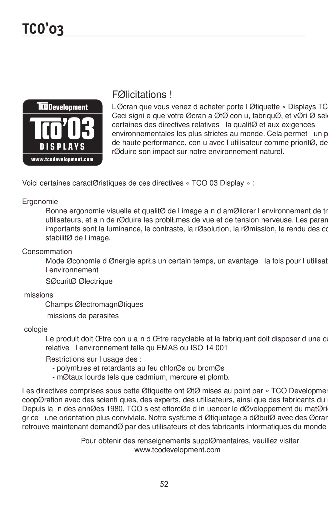 NEC LCD195NXM user manual Félicitations 