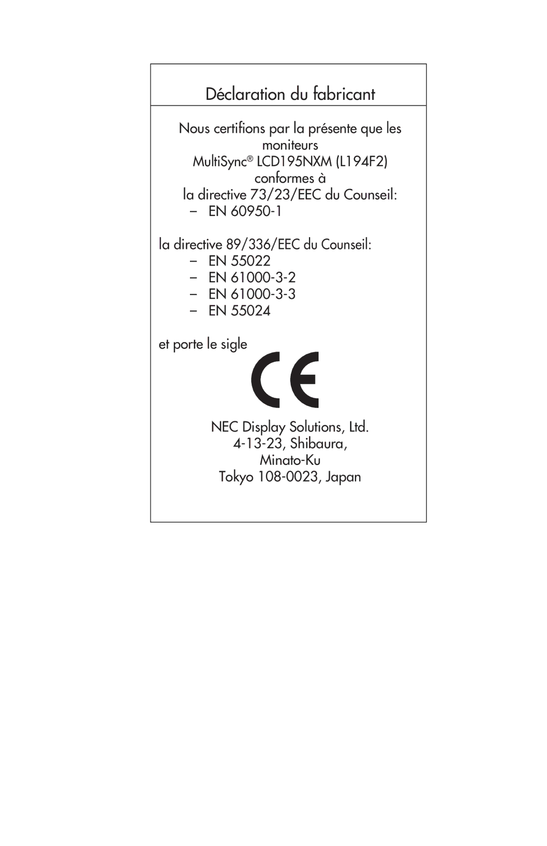 NEC LCD195NXM user manual Déclaration du fabricant 