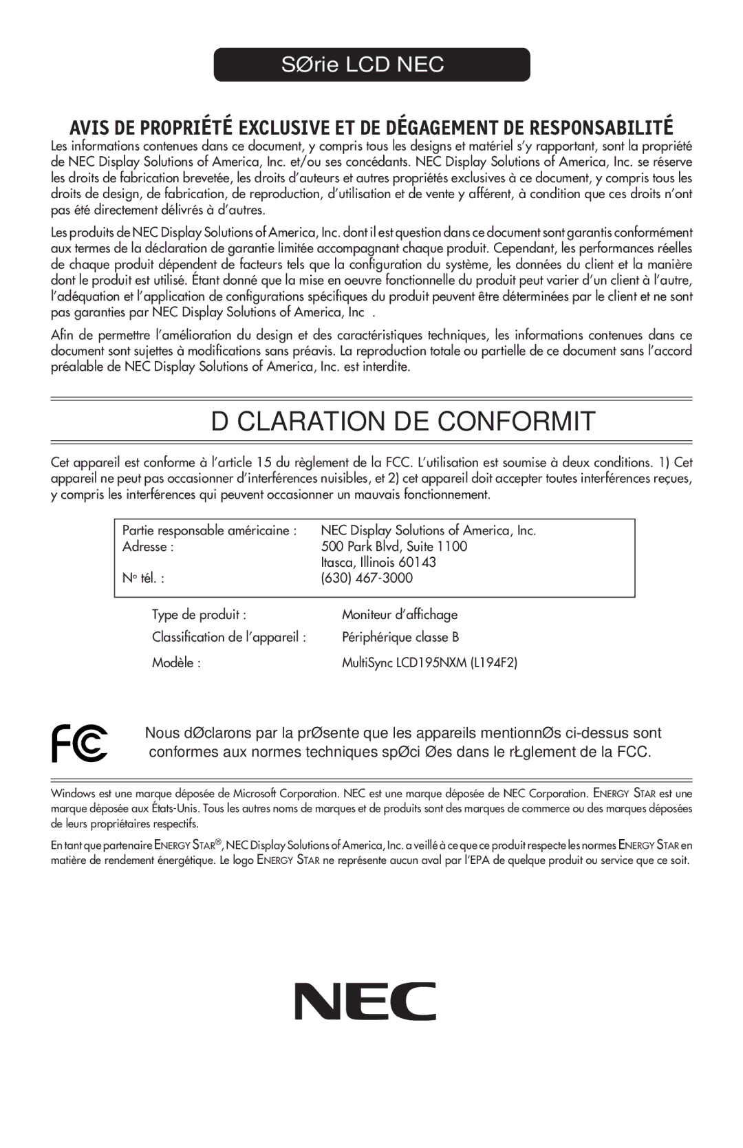 NEC LCD195NXM user manual Déclaration DE Conformité 