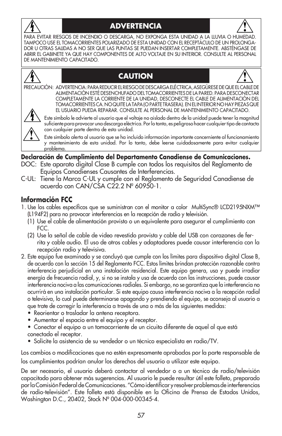 NEC LCD195NXM user manual Advertencia, Información FCC 