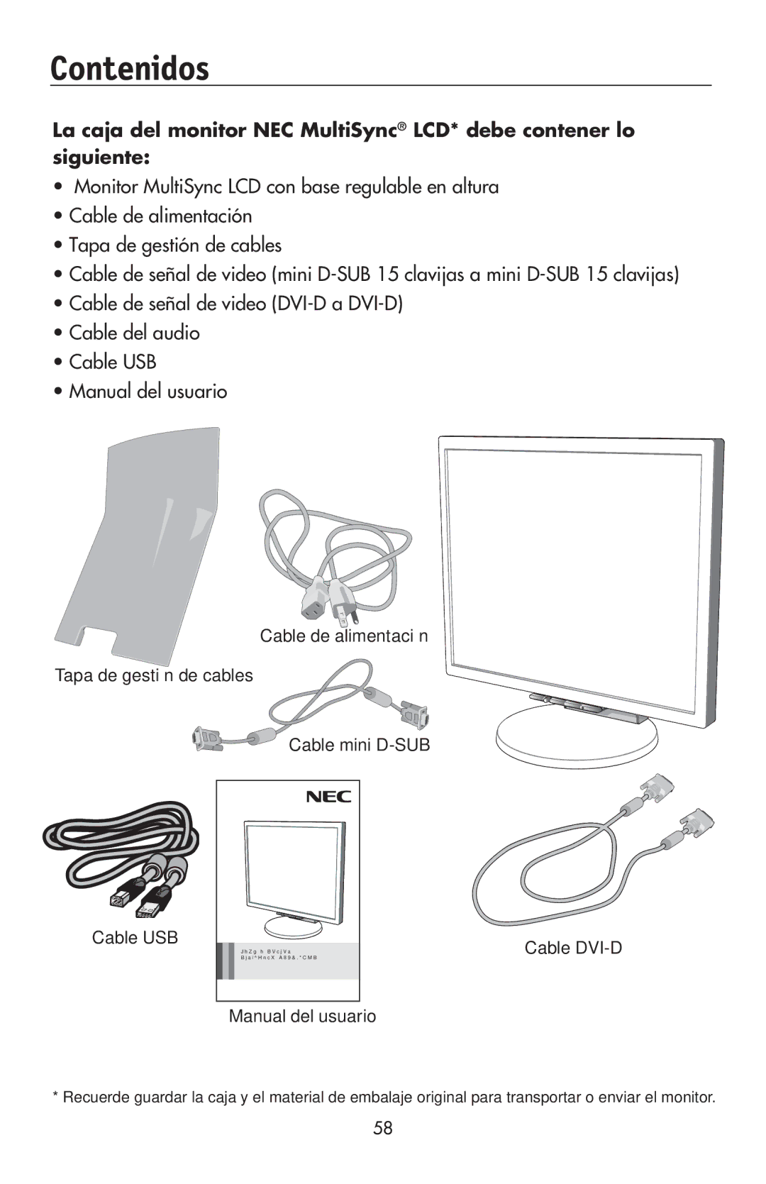 NEC LCD195NXM user manual Contenidos, Cable DVI-D Manual del usuario 