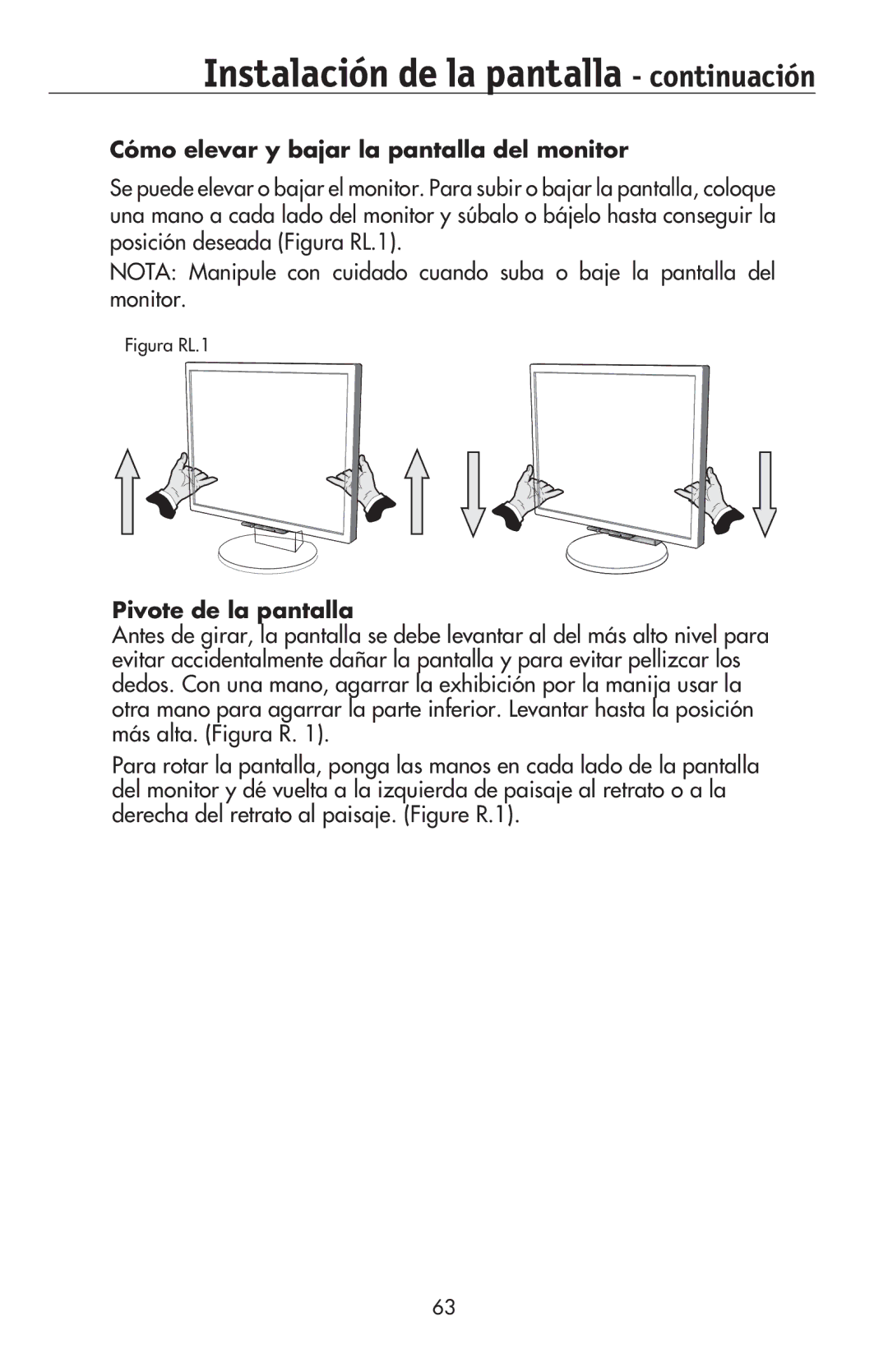 NEC LCD195NXM user manual Cómo elevar y bajar la pantalla del monitor, Pivote de la pantalla 