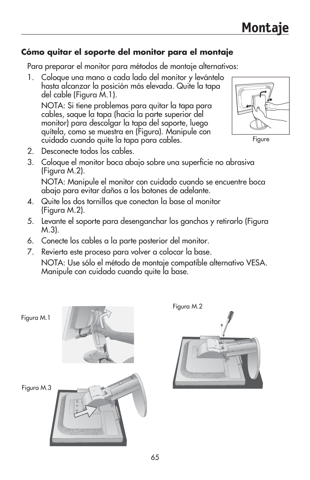 NEC LCD195NXM user manual Montaje, Cómo quitar el soporte del monitor para el montaje 