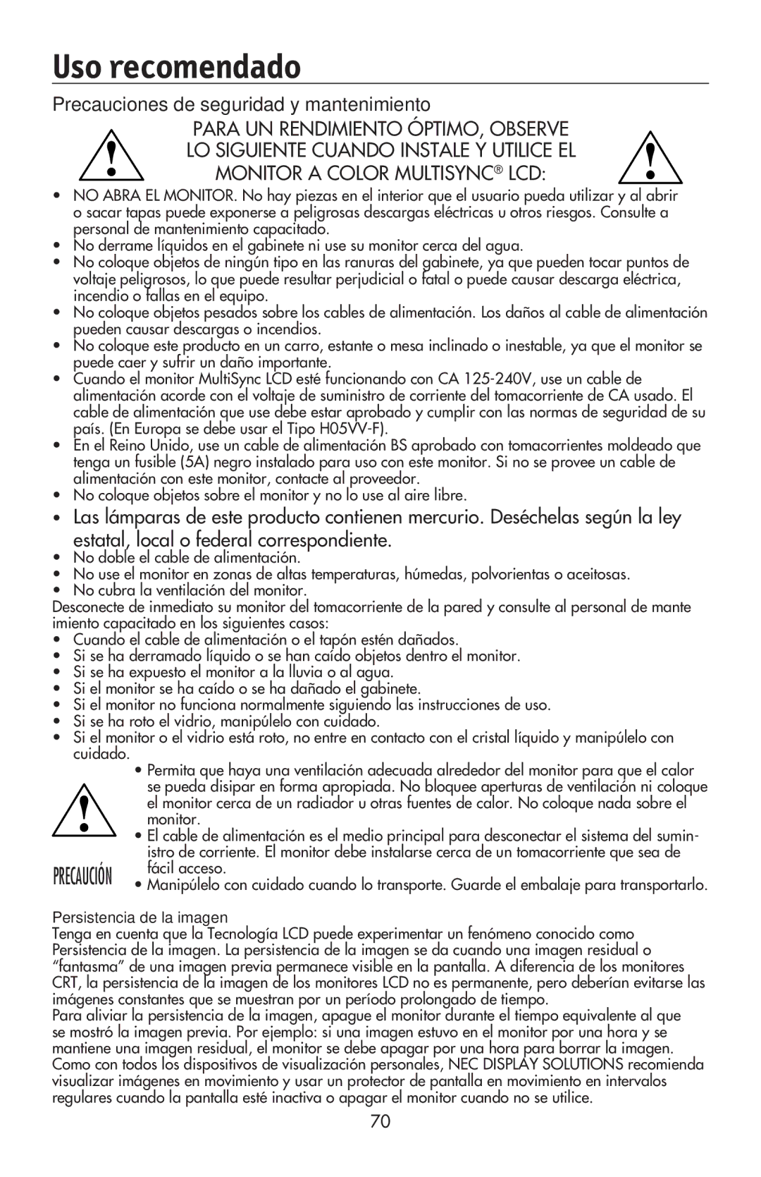 NEC LCD195NXM user manual Uso recomendado, Precauciones de seguridad y mantenimiento, Persistencia de la imagen 