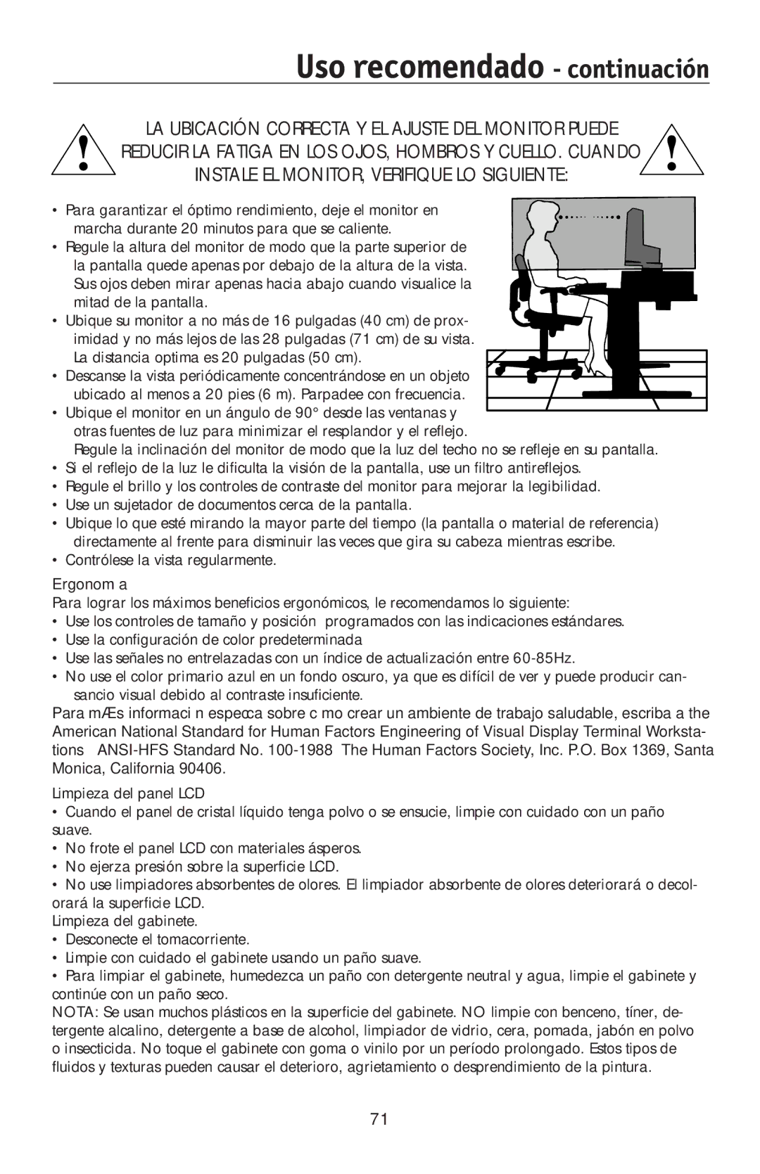 NEC LCD195NXM user manual Uso recomendado continuación, Ergonomía 