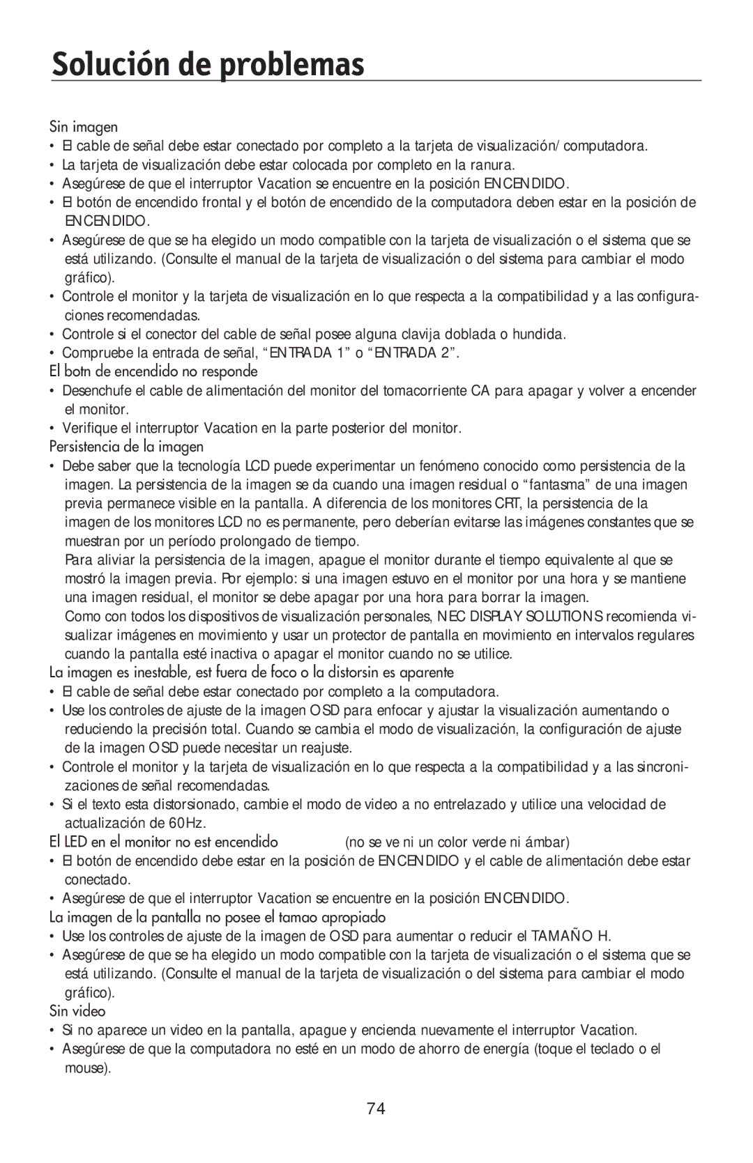 NEC LCD195NXM user manual Solución de problemas, Sin imagen, El botón de encendido no responde, Sin video 